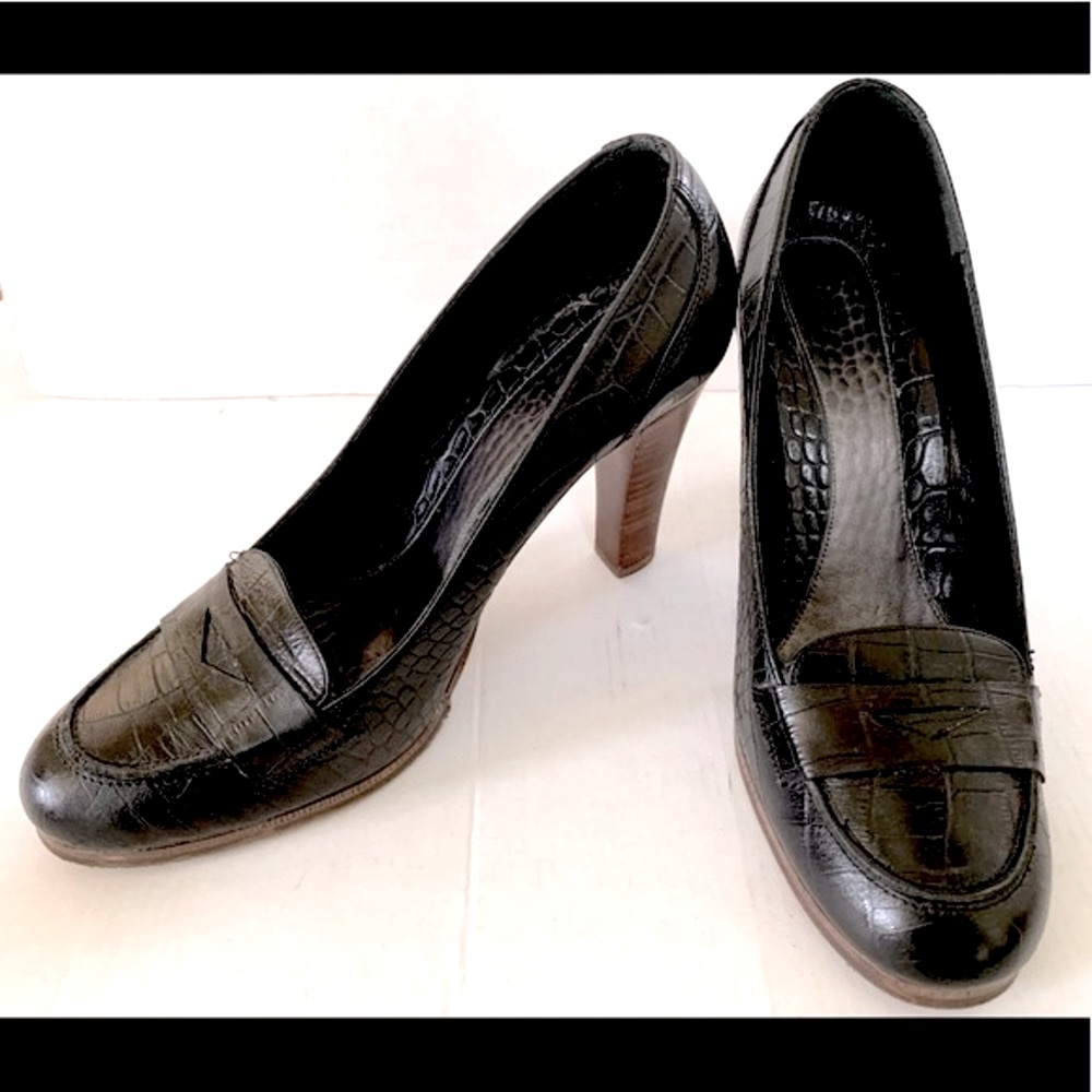 Comfy soft Black real leather loafers croc print 3” block heels no-slip outsole